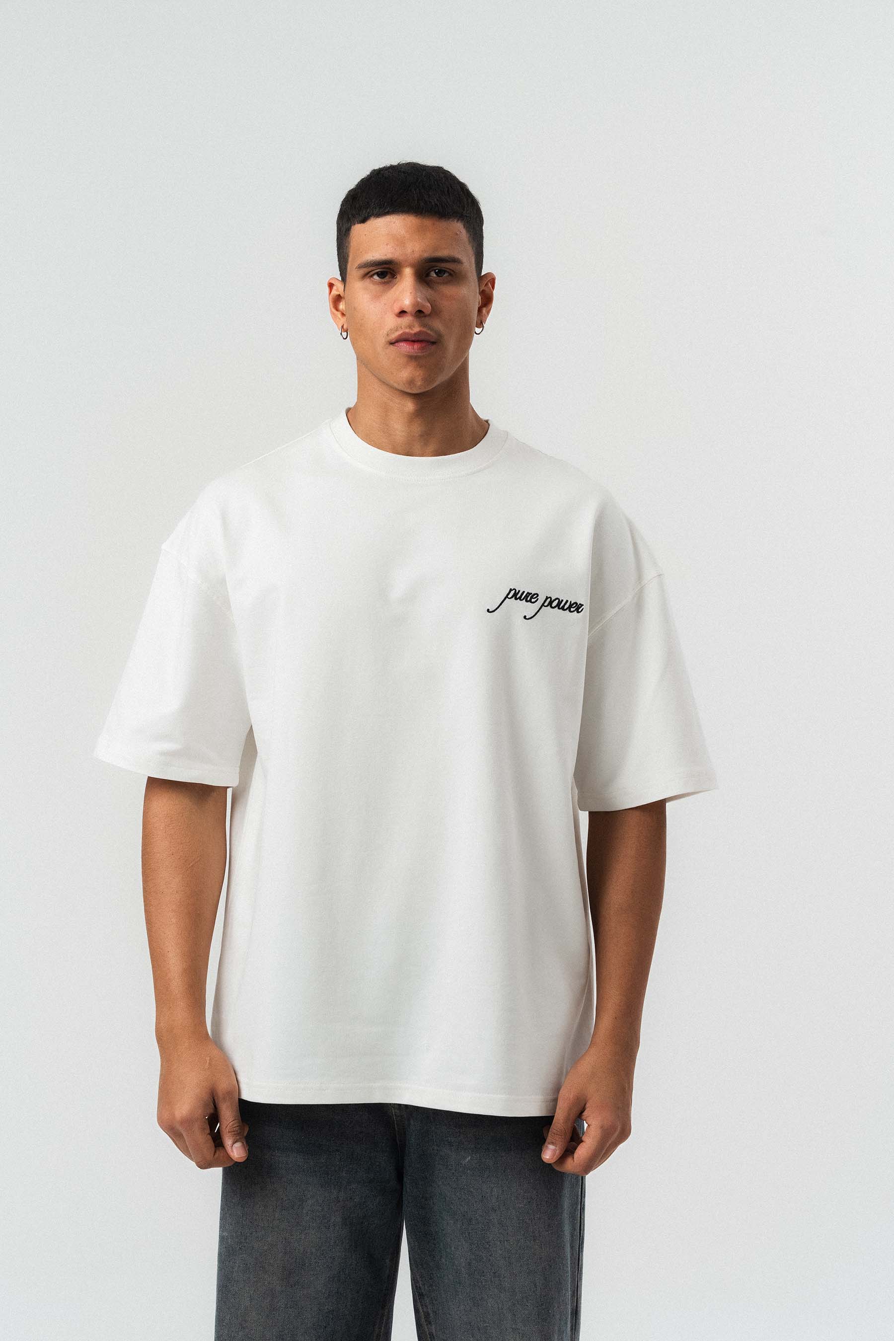 Pure Power At Baskılı Beyaz Oversize Baskılı T-Shirt