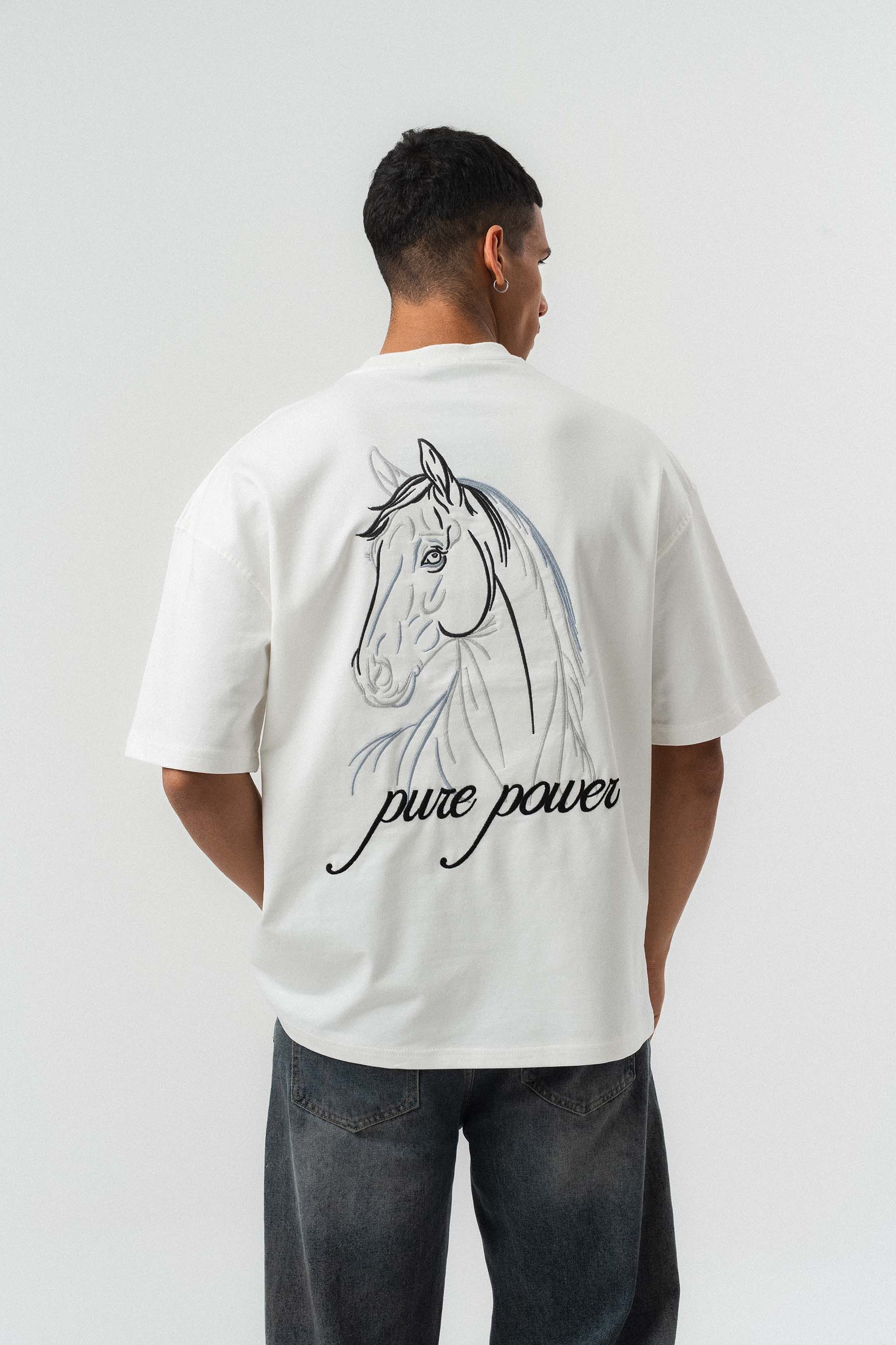 Pure Power At Baskılı Beyaz Oversize Baskılı T-Shirt