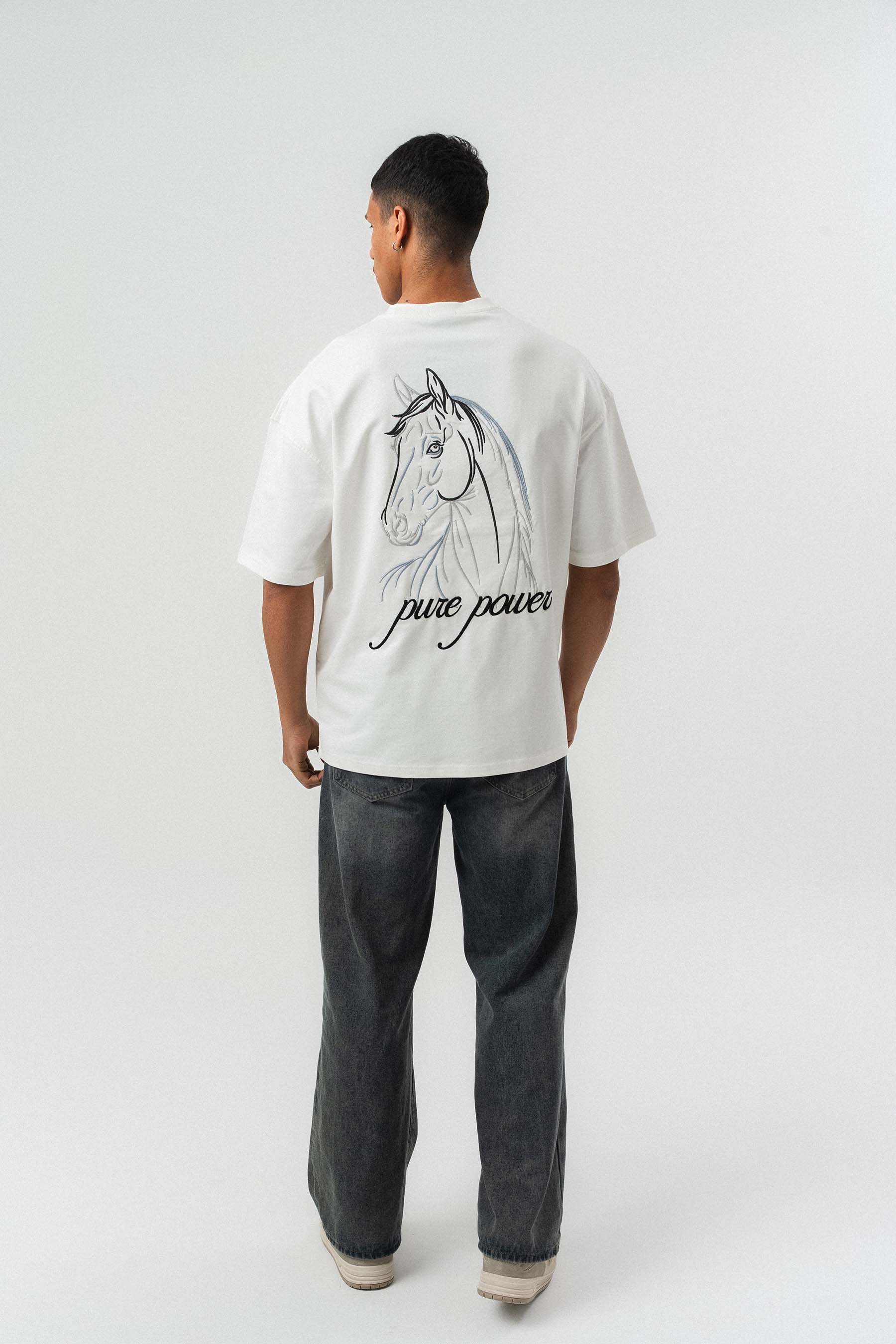 Pure Power At Baskılı Beyaz Oversize Baskılı T-Shirt