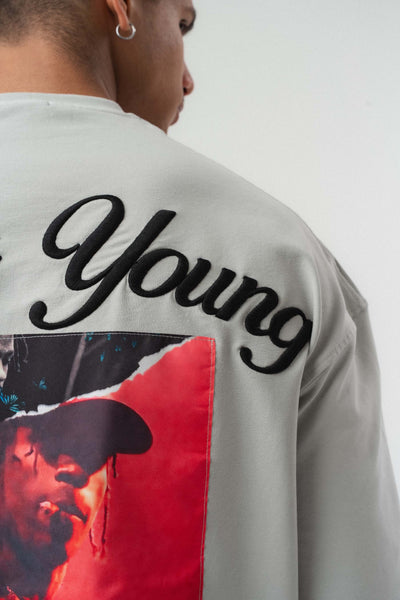 Forever Young Baskılı Gri Oversize Baskılı T-Shirt