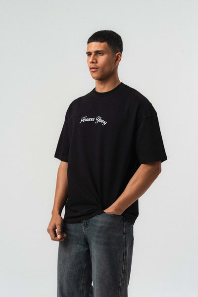 Forever Young Baskılı Siyah Oversize Baskılı T-Shirt