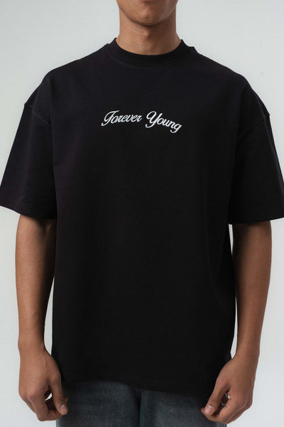 Forever Young Baskılı Siyah Oversize Baskılı T-Shirt