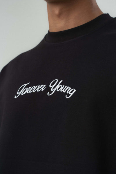 Forever Young Baskılı Siyah Oversize Baskılı T-Shirt