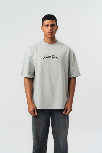 Forever Young Baskılı Gri Oversize Baskılı T-Shirt