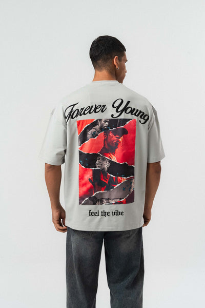 Forever Young Baskılı Gri Oversize Baskılı T-Shirt