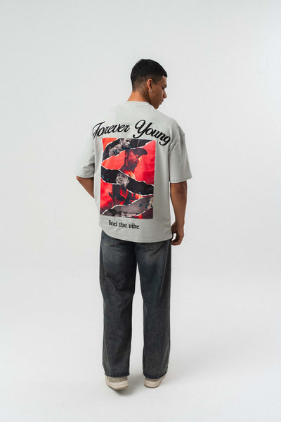 Forever Young Baskılı Gri Oversize Baskılı T-Shirt