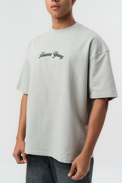 Forever Young Baskılı Gri Oversize Baskılı T-Shirt