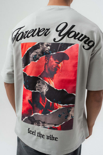 Forever Young Baskılı Gri Oversize Baskılı T-Shirt