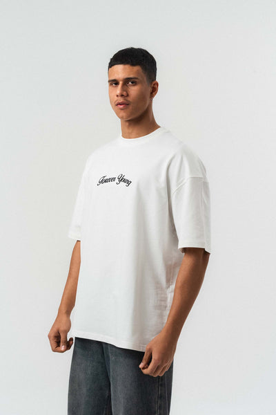 Forever Young Baskılı Beyaz Oversize Baskılı T-Shirt