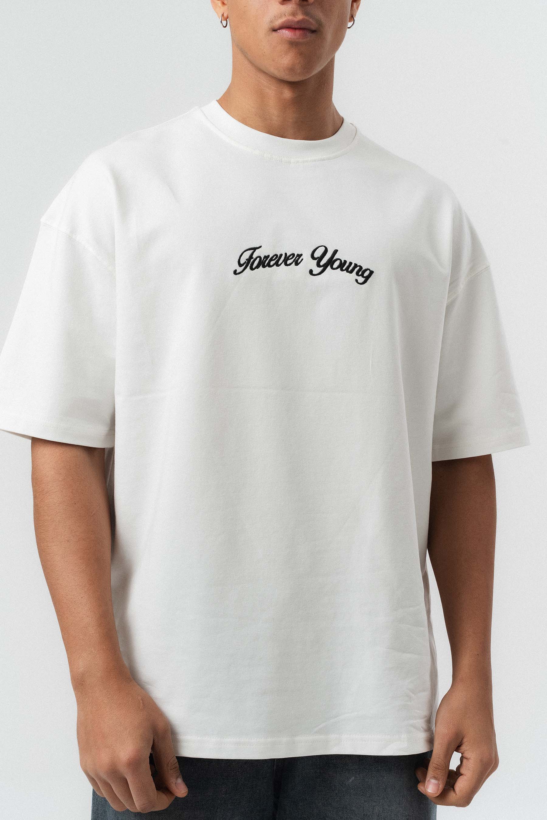 Forever Young Baskılı Beyaz Oversize Baskılı T-Shirt