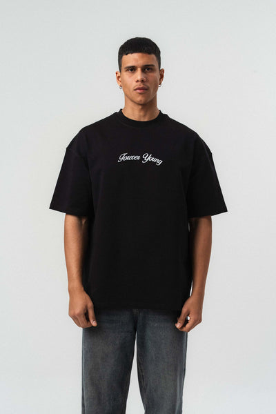 Forever Young Baskılı Siyah Oversize Baskılı T-Shirt