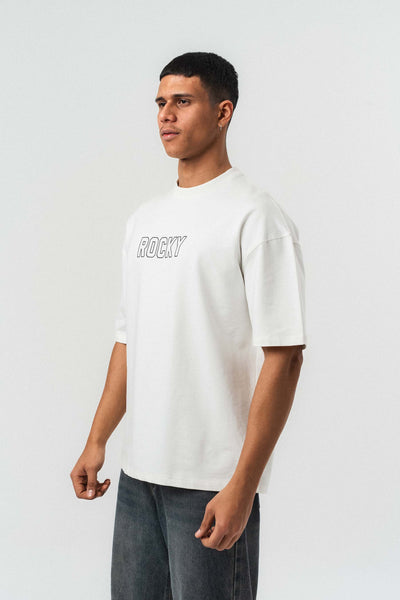 Rocky Balboa Kabartma Detaylı Beyaz Oversize Baskılı T-Shirt