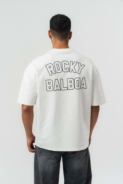 Rocky Balboa Kabartma Detaylı Beyaz Oversize Baskılı T-Shirt