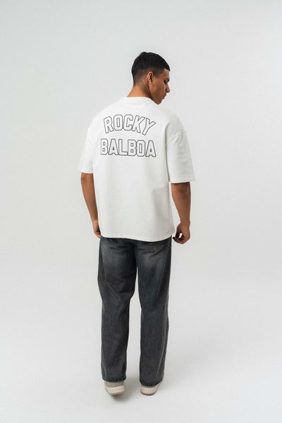 Rocky Balboa Kabartma Detaylı Beyaz Oversize Baskılı T-Shirt
