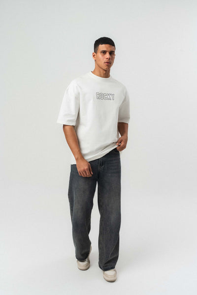 Rocky Balboa Kabartma Detaylı Beyaz Oversize Baskılı T-Shirt