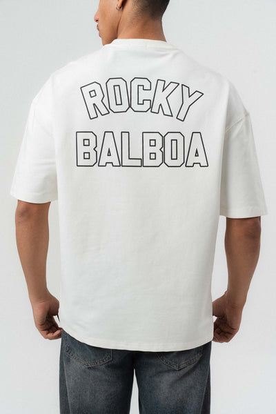 Rocky Balboa Kabartma Detaylı Beyaz Oversize Baskılı T-Shirt