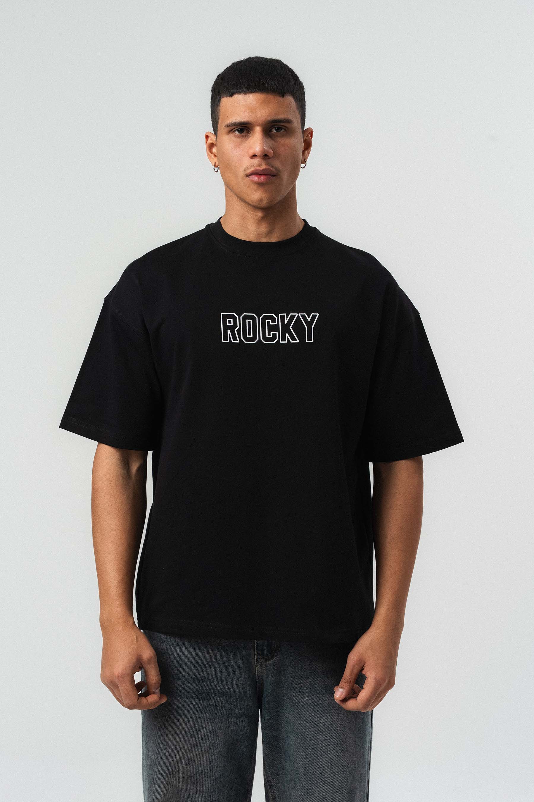 Rocky Balboa Kabartma Detaylı Siyah Oversize Baskılı T-Shirt