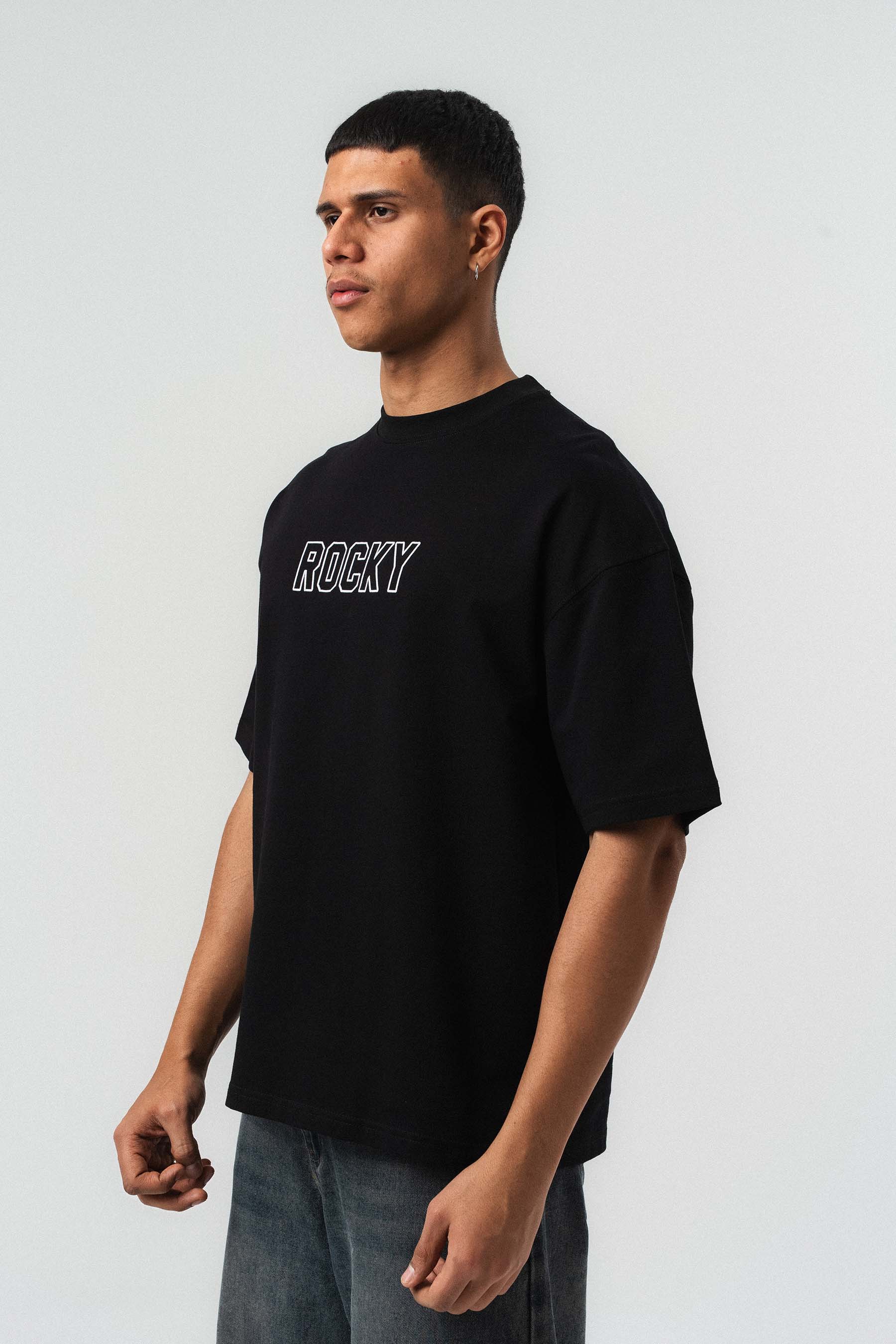 Rocky Balboa Kabartma Detaylı Siyah Oversize Baskılı T-Shirt