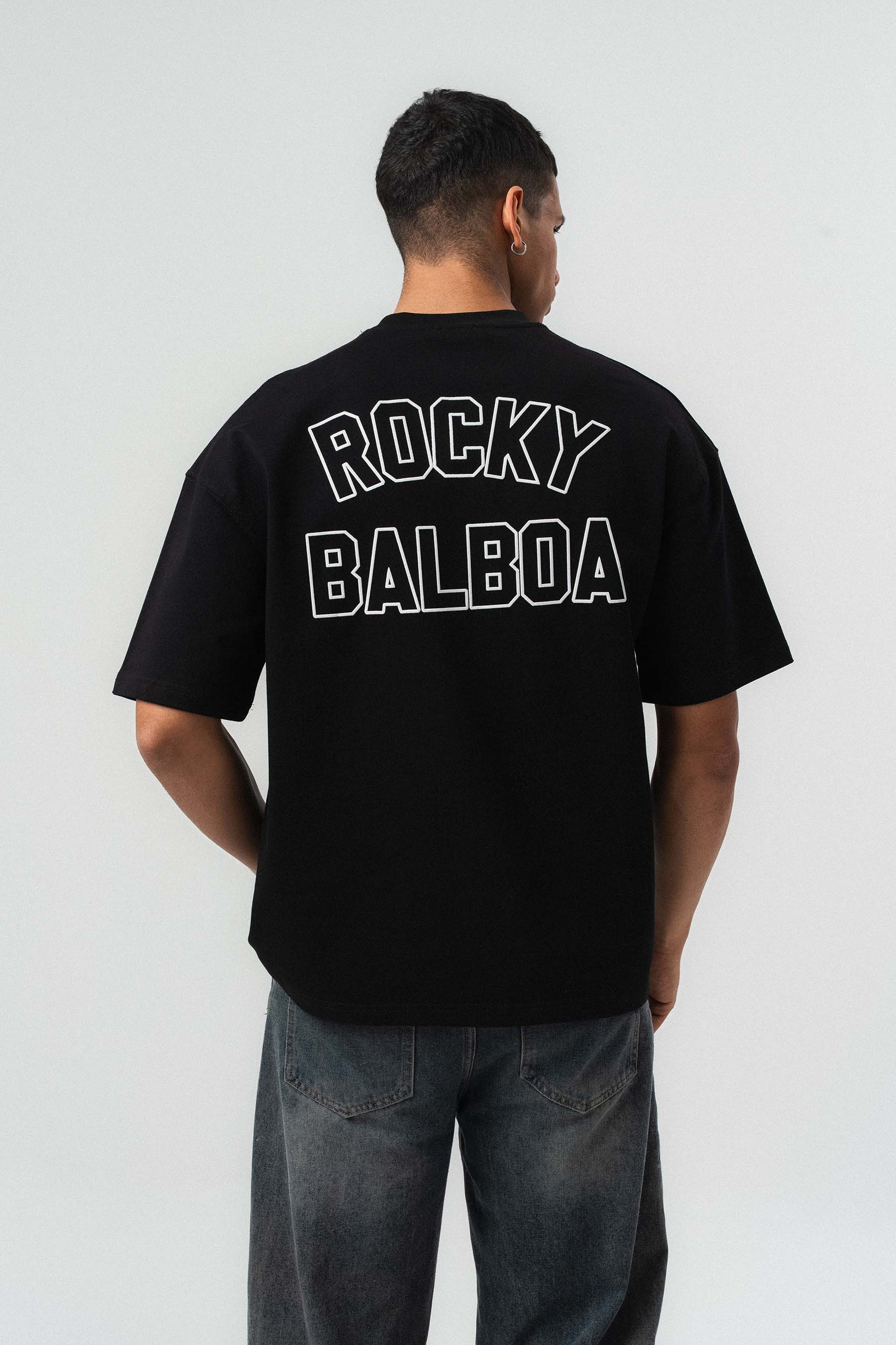 Rocky Balboa Kabartma Detaylı Siyah Oversize Baskılı T-Shirt
