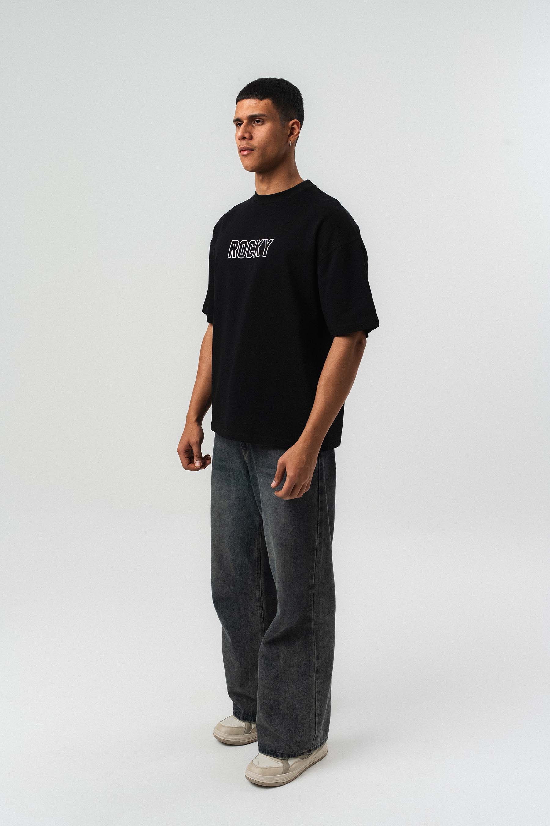 Rocky Balboa Kabartma Detaylı Siyah Oversize Baskılı T-Shirt