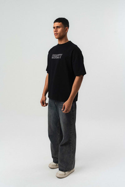Rocky Balboa Kabartma Detaylı Siyah Oversize Baskılı T-Shirt
