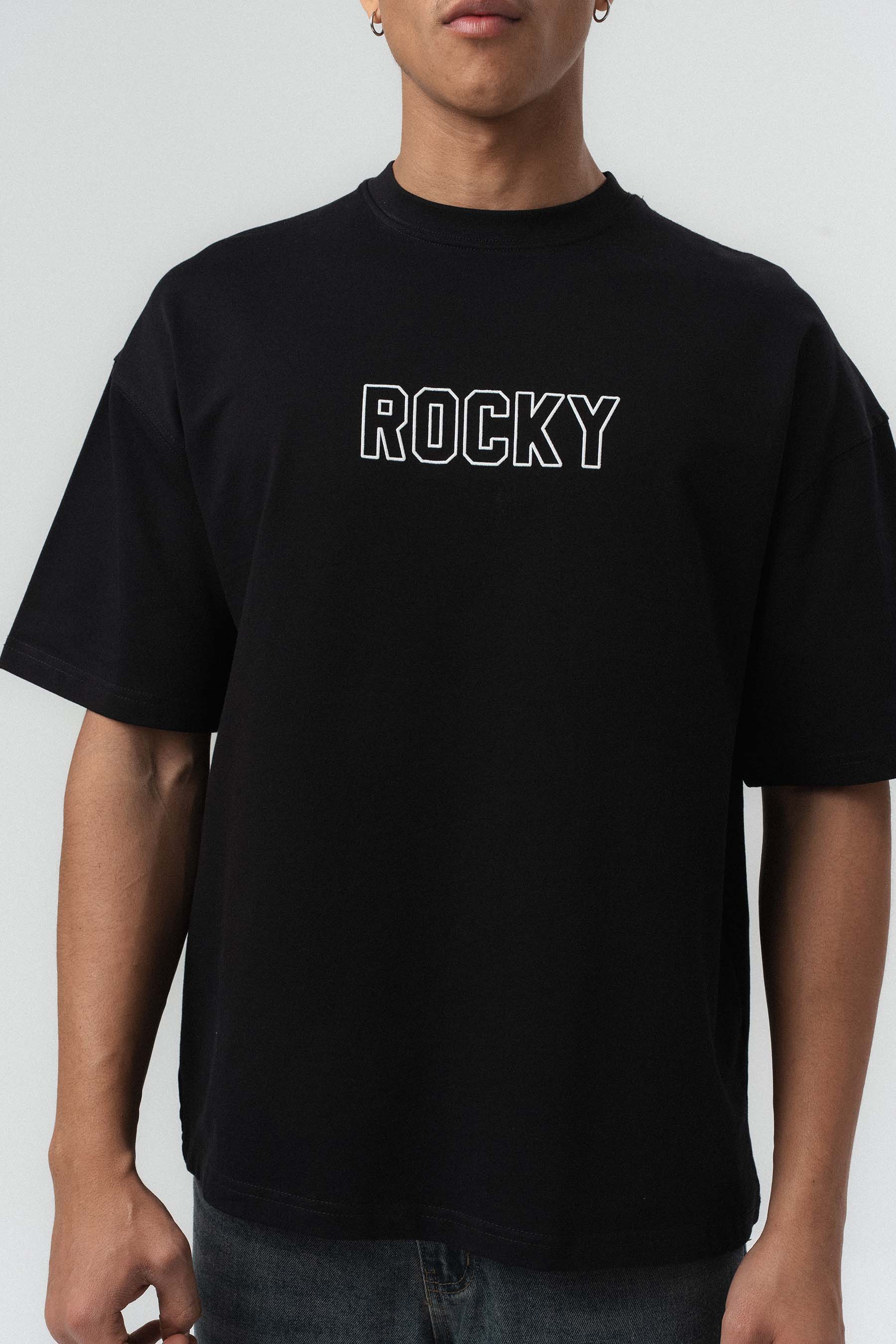 Rocky Balboa Kabartma Detaylı Siyah Oversize Baskılı T-Shirt