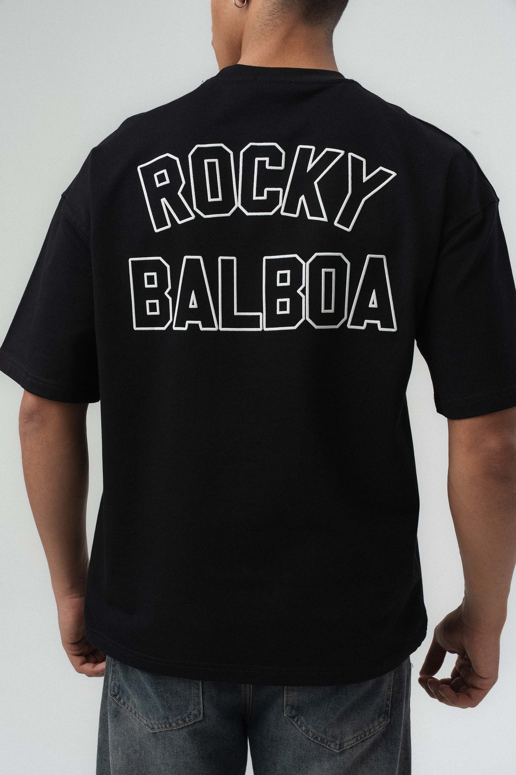 Rocky Balboa Kabartma Detaylı Siyah Oversize Baskılı T-Shirt