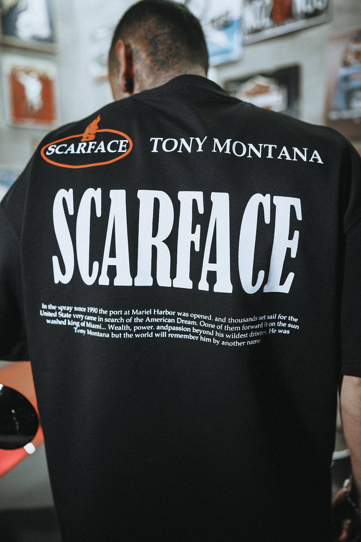 Scarface Ateşli Baskılı Oversize Siyah T-Shirt