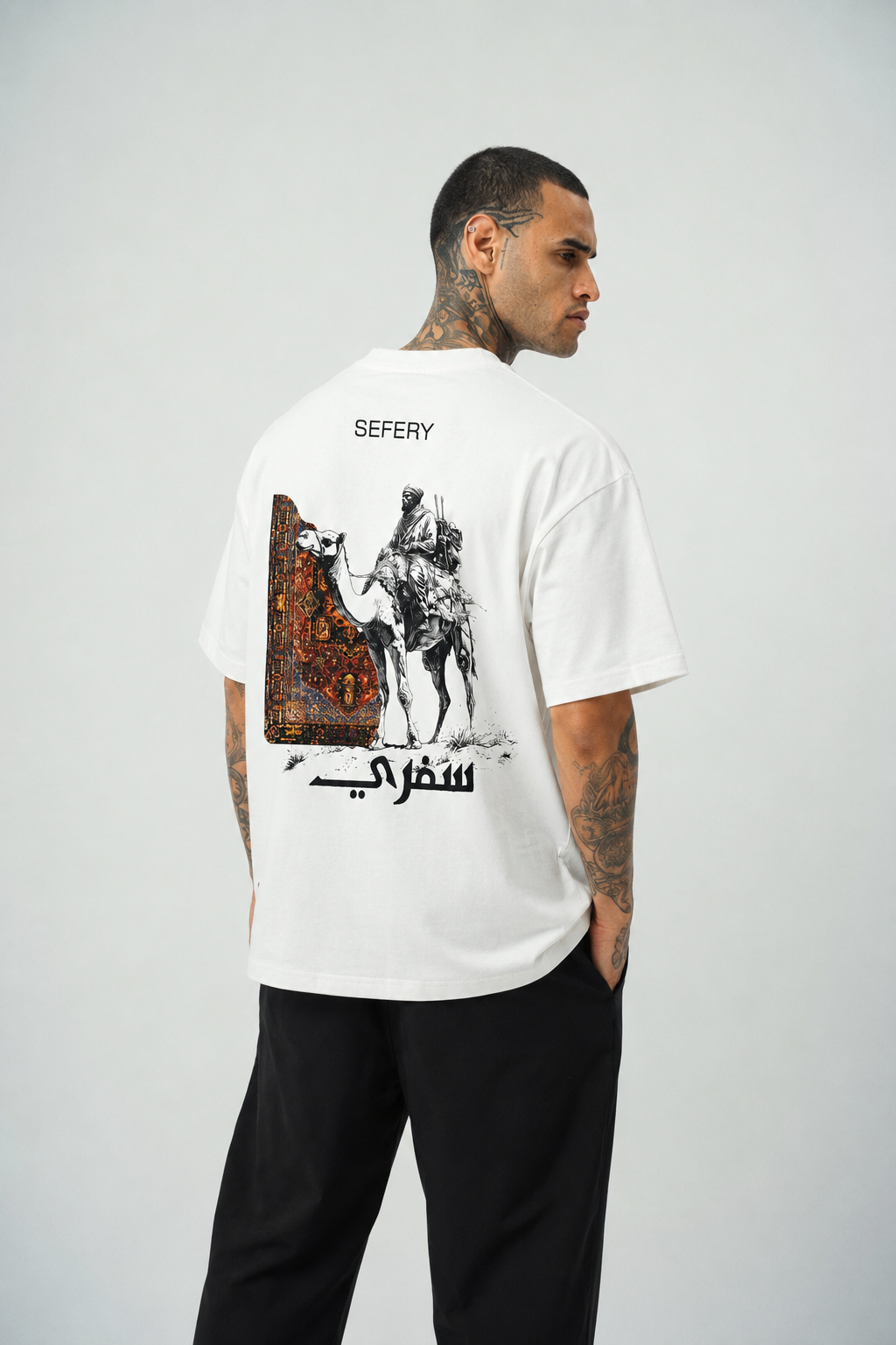 Seferi Baskılı Beyaz Etnik Desen Oversize T-Shirt