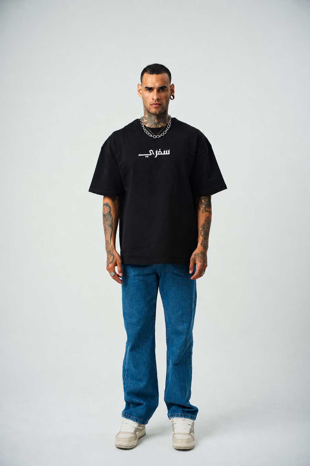Seferi Baskılı Siyah Etnik Desen Oversize T-Shirt