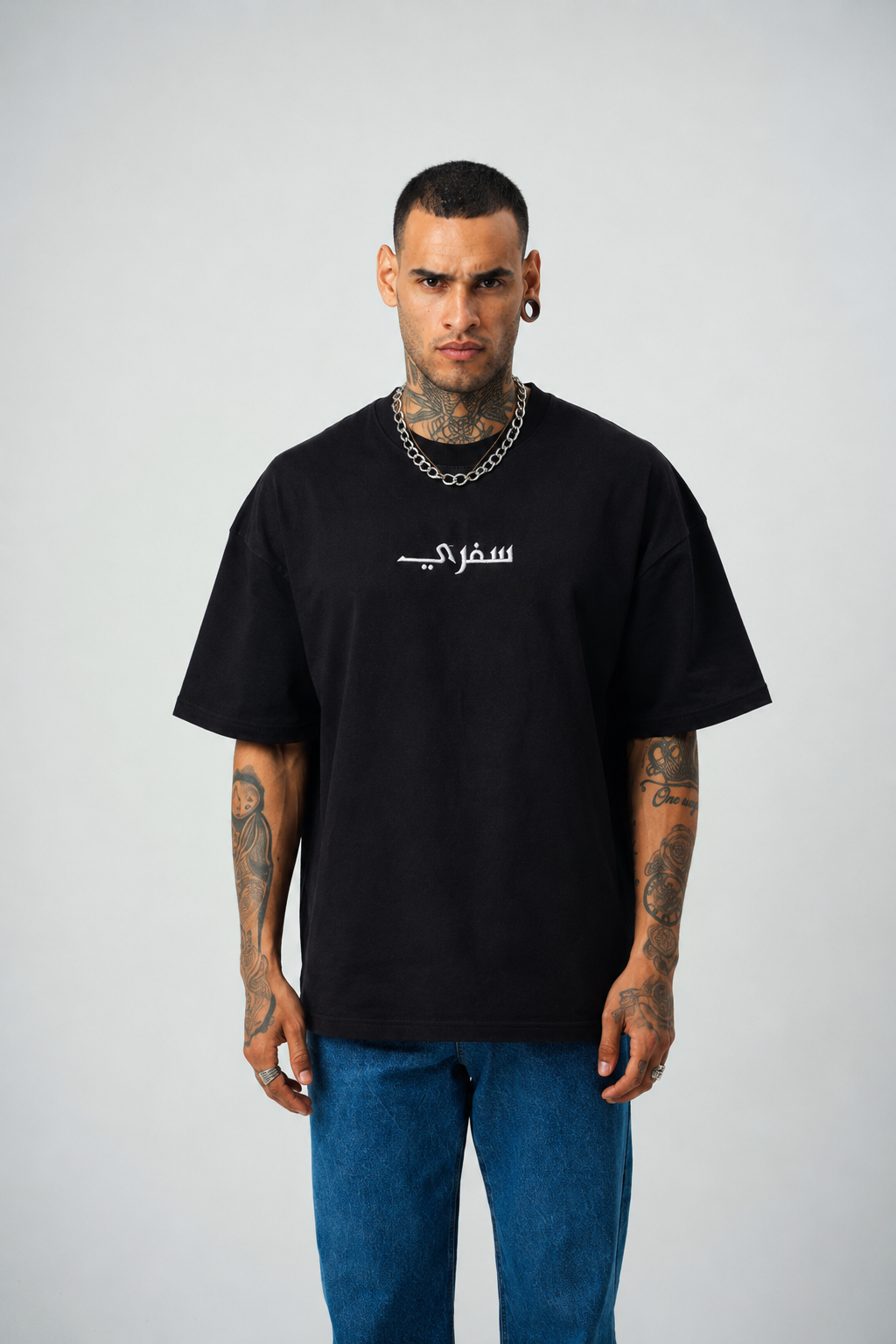 Seferi Baskılı Siyah Etnik Desen Oversize T-Shirt