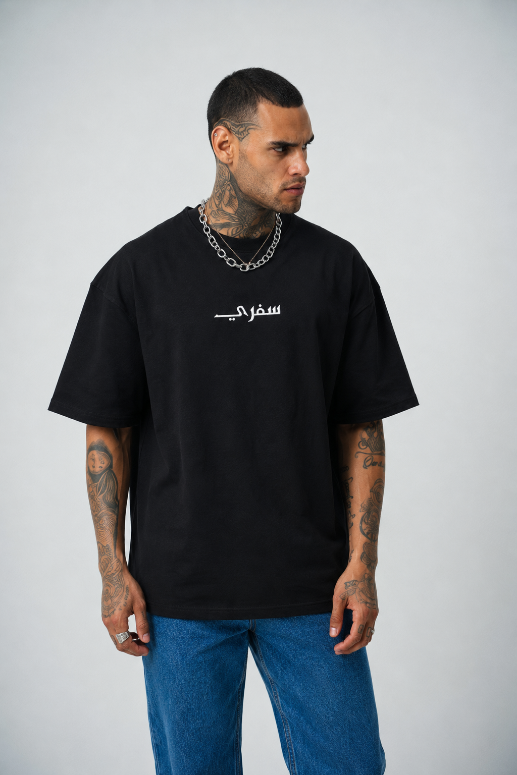 Seferi Baskılı Siyah Etnik Desen Oversize T-Shirt
