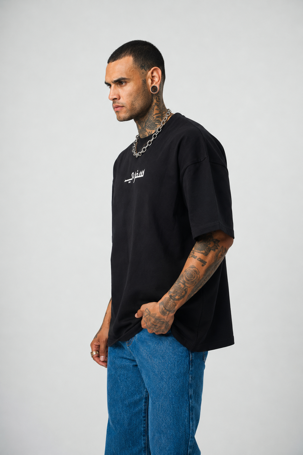 Seferi Baskılı Siyah Etnik Desen Oversize T-Shirt