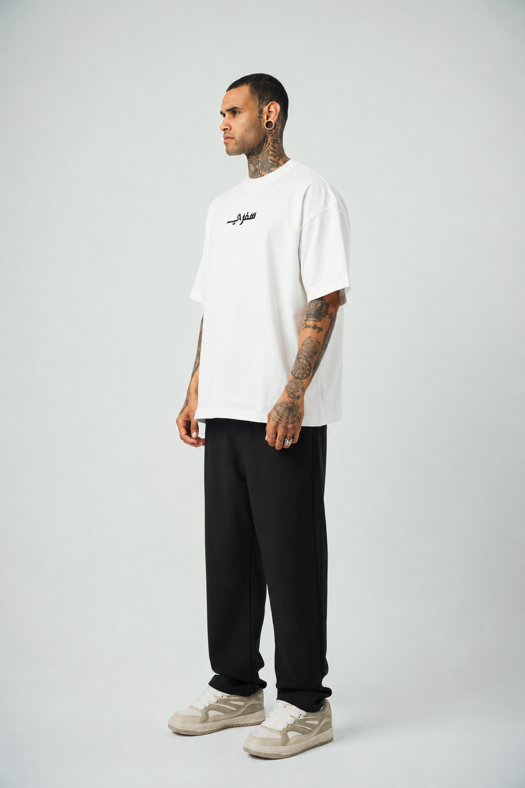 Seferi Baskılı Beyaz Etnik Desen Oversize T-Shirt