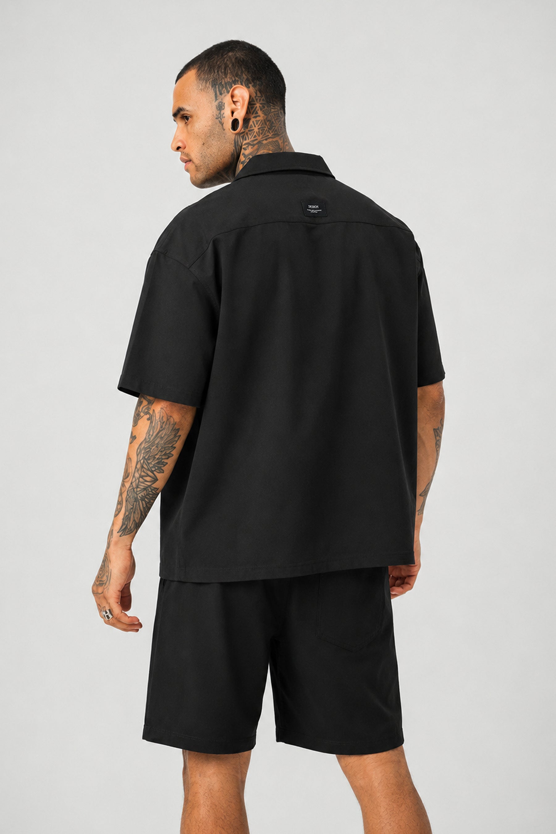 Ketenli Nakışlı Regular Fit Şort & Gömlek Siyah Takım