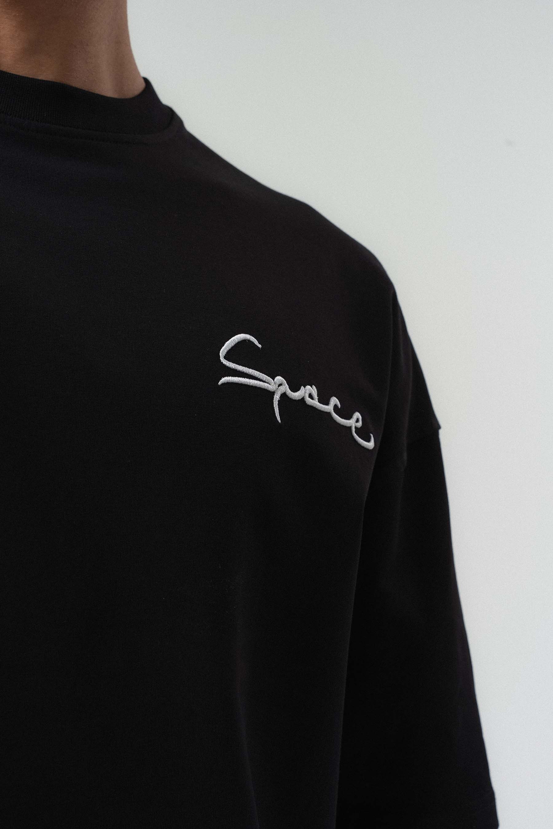 Space Etnik Desen Nakış Detaylı Siyah Oversize Baskılı T-Shirt
