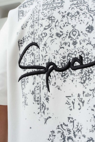 Space Etnik Desen Nakış Detaylı Beyaz Oversize Baskılı T-Shirt