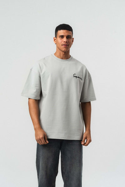 Space Etnik Desen Nakış Detaylı Gri Oversize Baskılı T-Shirt