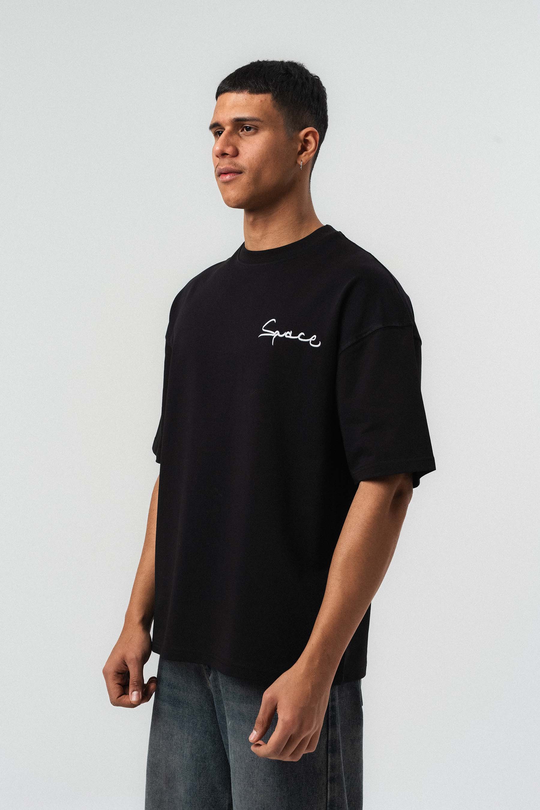 Space Etnik Desen Nakış Detaylı Siyah Oversize Baskılı T-Shirt