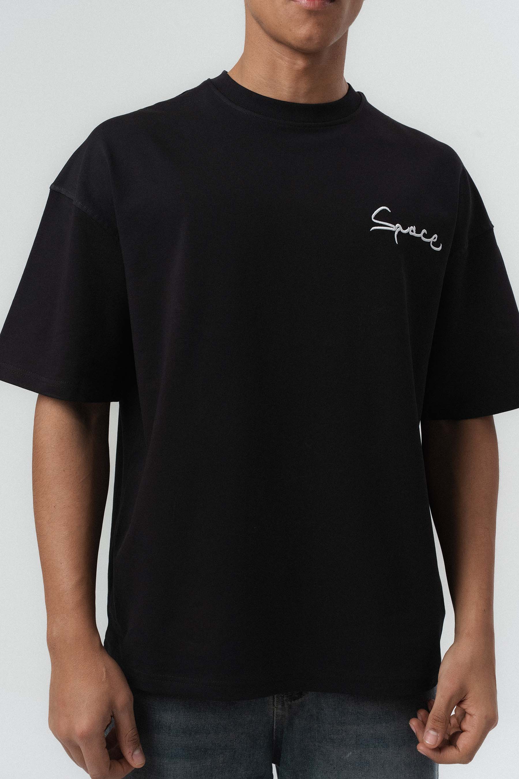 Space Etnik Desen Nakış Detaylı Siyah Oversize Baskılı T-Shirt