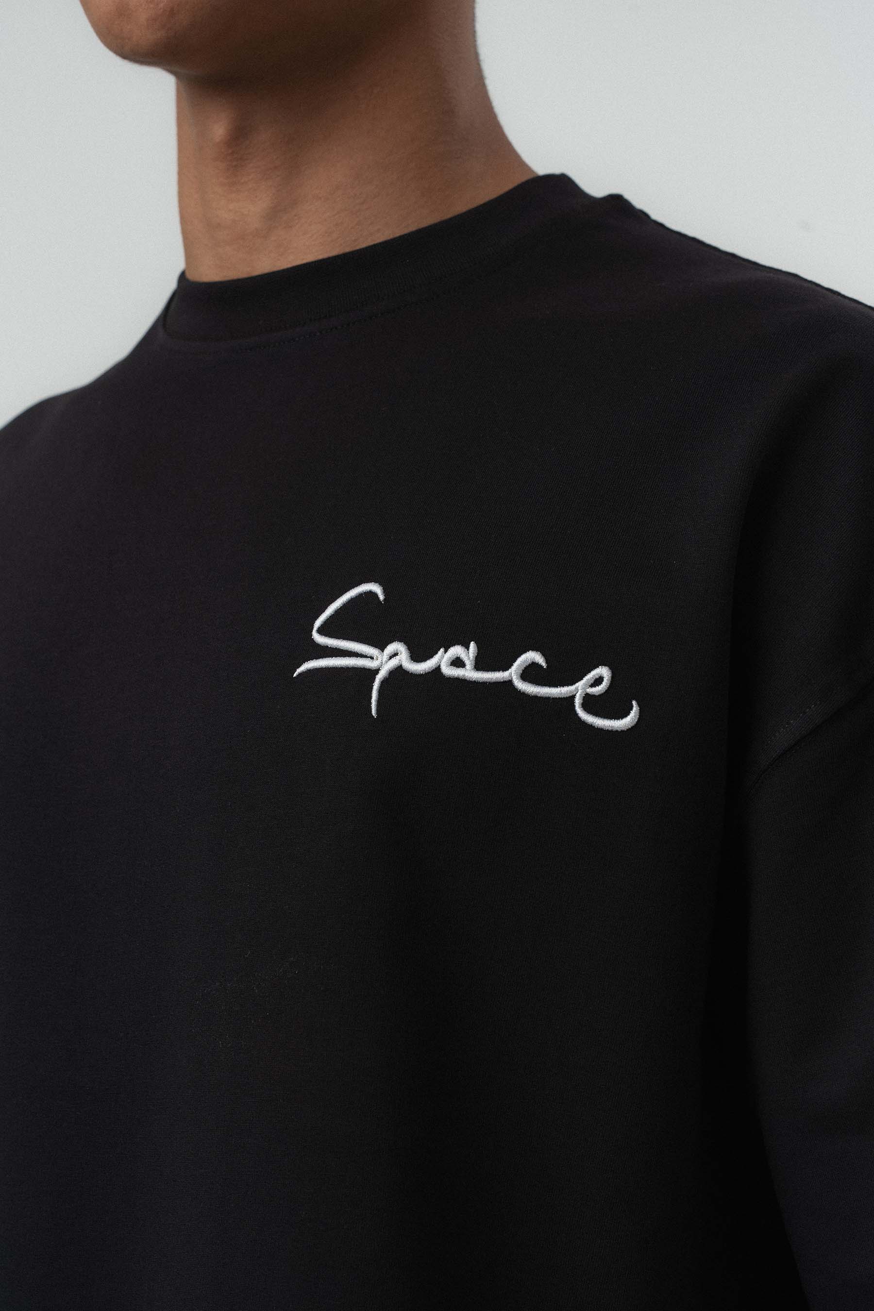 Space Etnik Desen Nakış Detaylı Siyah Oversize Baskılı T-Shirt