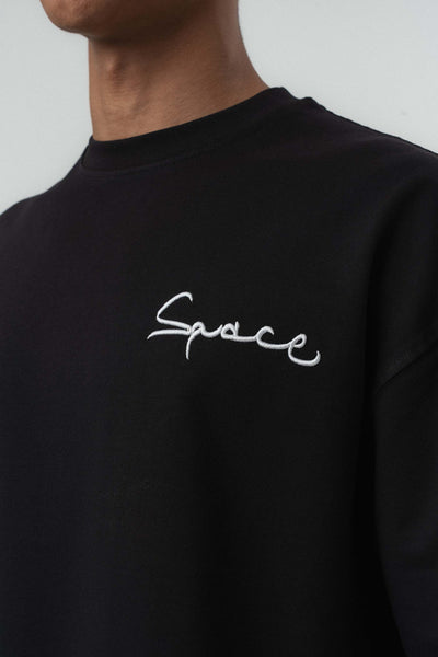Space Etnik Desen Nakış Detaylı Siyah Oversize Baskılı T-Shirt