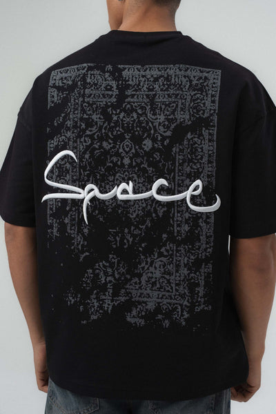 Space Etnik Desen Nakış Detaylı Siyah Oversize Baskılı T-Shirt