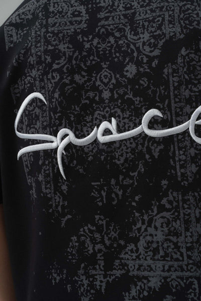 Space Etnik Desen Nakış Detaylı Siyah Oversize Baskılı T-Shirt