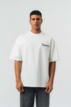 Space Etnik Desen Nakış Detaylı Beyaz Oversize Baskılı T-Shirt