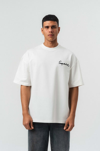 Space Etnik Desen Nakış Detaylı Beyaz Oversize Baskılı T-Shirt