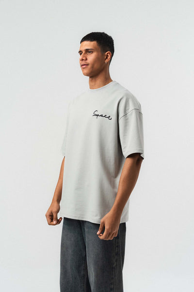 Space Etnik Desen Nakış Detaylı Gri Oversize Baskılı T-Shirt