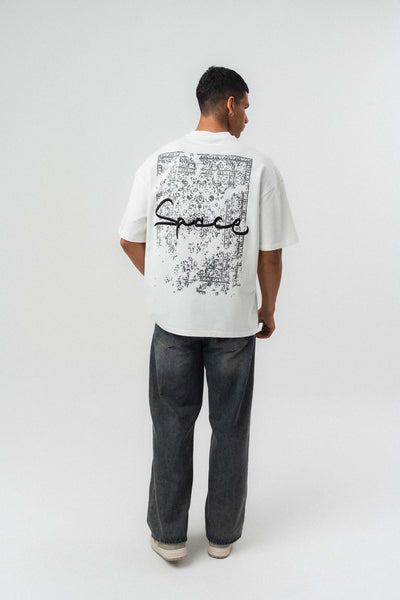 Space Etnik Desen Nakış Detaylı Beyaz Oversize Baskılı T-Shirt