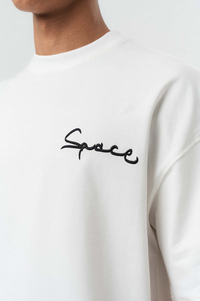 Space Etnik Desen Nakış Detaylı Beyaz Oversize Baskılı T-Shirt