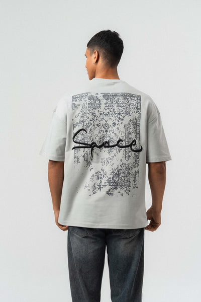 Space Etnik Desen Nakış Detaylı Gri Oversize Baskılı T-Shirt